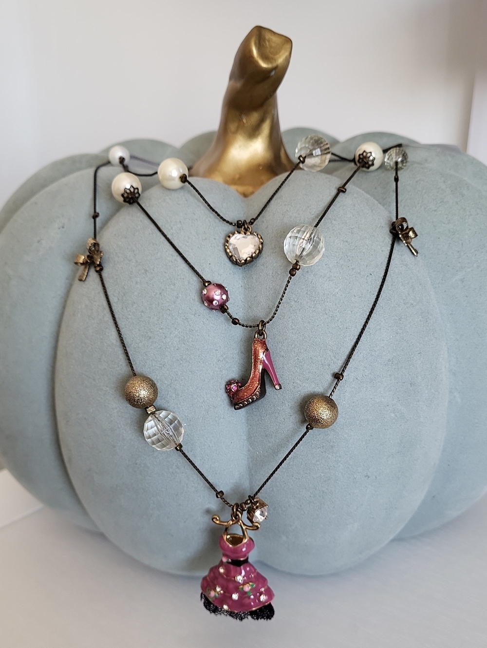 BETSEY JOHNSON Pink Dress, Heart & High-Heel Charm Layered Pendant Necklace
